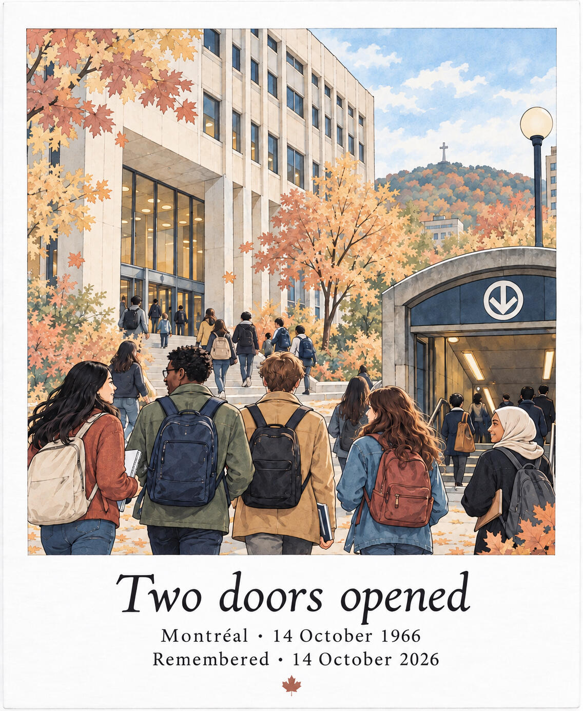 Two doors opened Watercolour-style illustration of students approaching a university building beside a Montréal métro entrance, framed by muted autumn foliage.