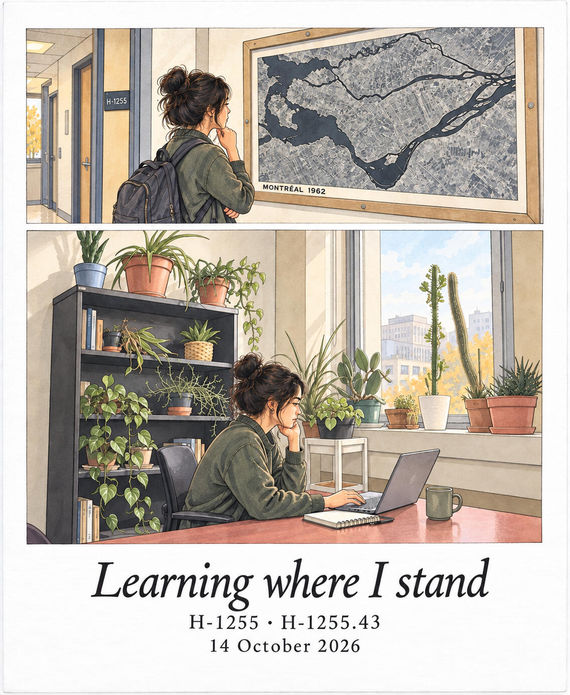 Two-panel illustration of a student examining a map labelled Montréal 1962, then working at a laptop beside a window surrounded by plants.