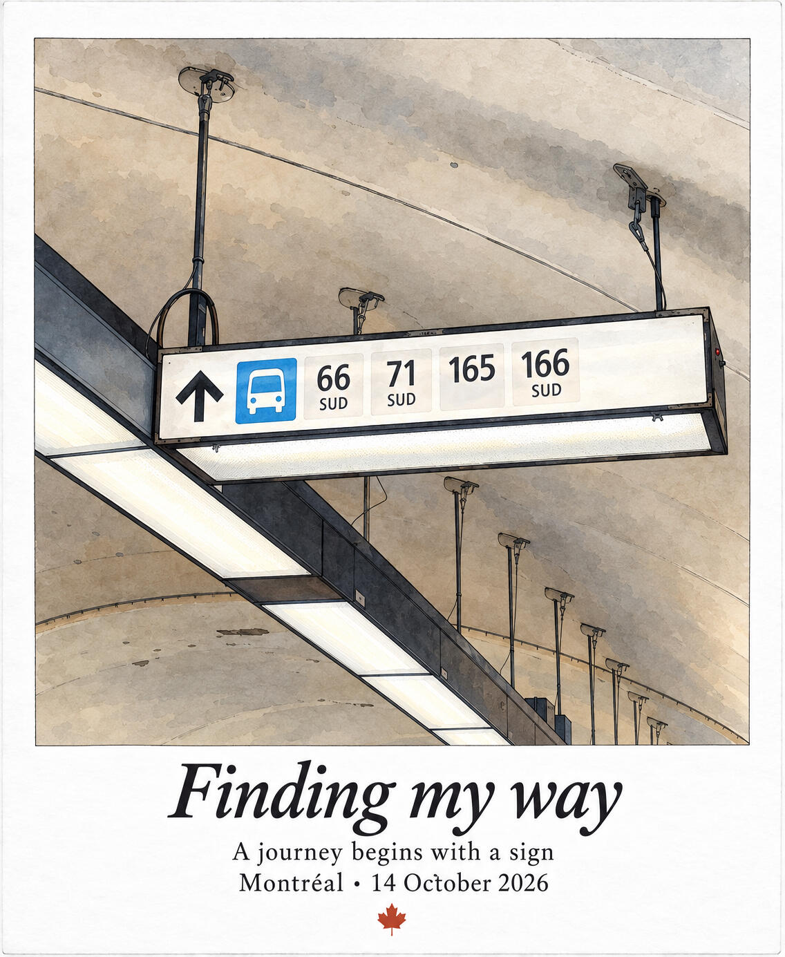 Finding my way Illustrated overhead transit sign with an upward arrow, bus symbol and route numbers 66, 71, 165 and 166 beneath a station ceiling.