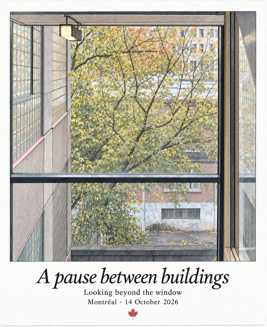 Entering a place of learning Illustrated view through a large window of an autumn tree growing between concrete and brick buildings.
