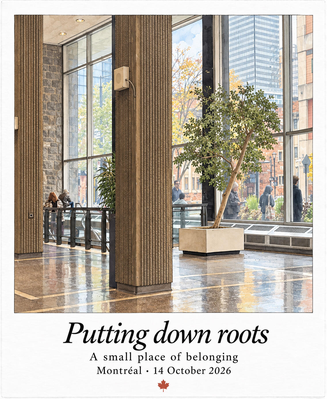 Putting down roots Illustration of a sunlit campus lobby with ribbed columns, reflective flooring and a leafy tree in a square planter beside tall windows.