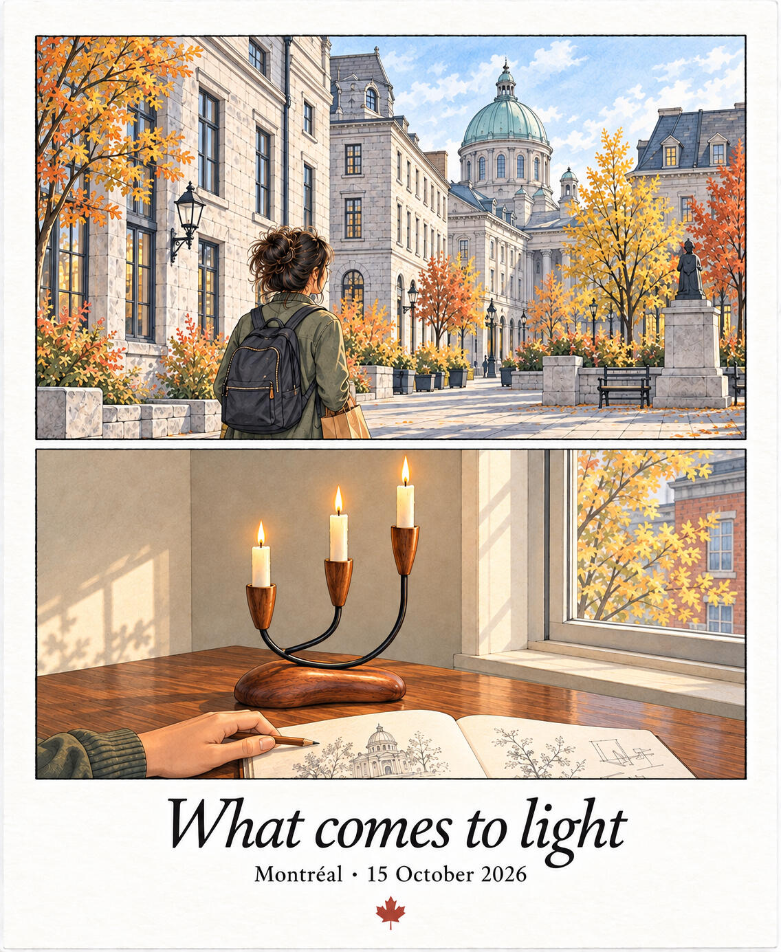 What comes to light Illustration en deux scènes : une femme observe l’architecture du Vieux-Montréal en automne ; puis un chandelier en bois et métal portant trois bougies allumées repose près d’un carnet ouvert. Titre : « What comes to light ». Montréal, le 15 octobre 2026.